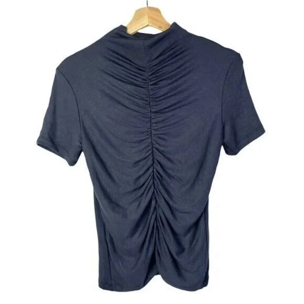 Boutique SEN Navy Blue Ruched Middle High Neck Short Sleeve S